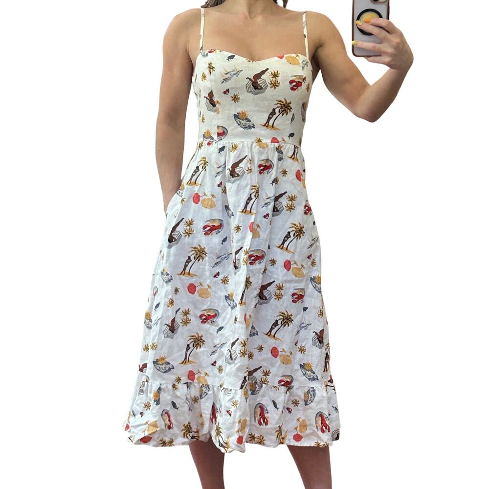 Reformation Eileen Linen Midi Dress Size 0 - Tropez Lobster Coastal Print